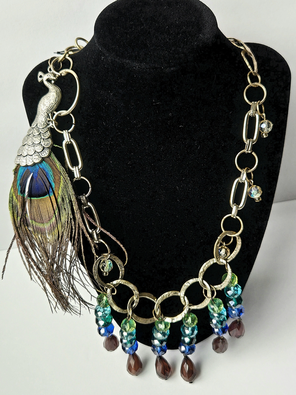 Boho Glam Peacock Real Feather Statement Necklace Fringe Asymmetrical Crystal